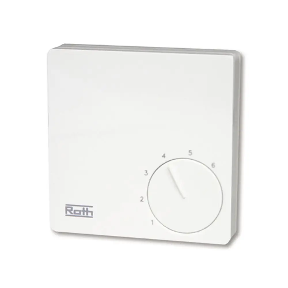 Weißer Raumthermostat mit einem Drehregler an der Seite und der Marke Roth, zur Steuerung der Raumtemperatur in einem Heizsystem.